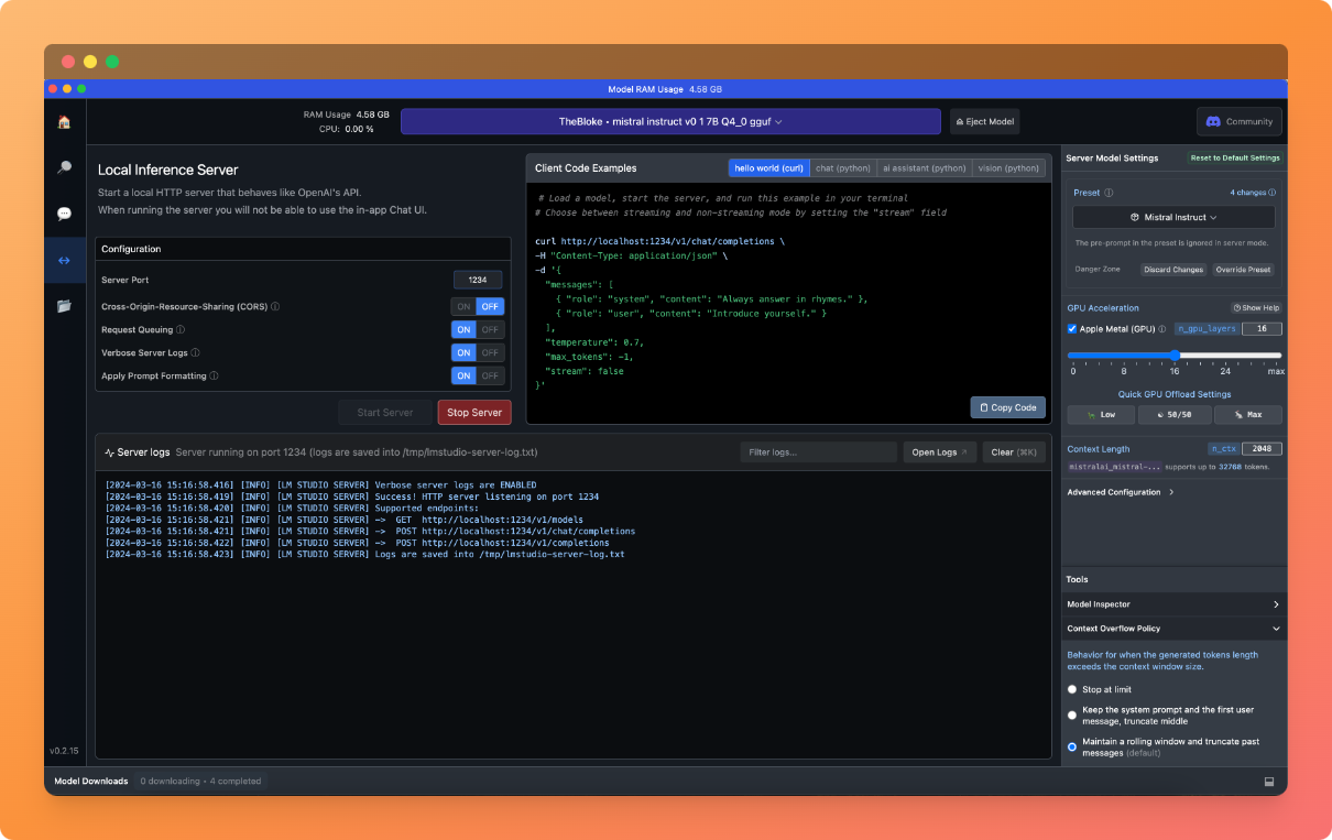 LM Studio server powered by Mistral 7B running