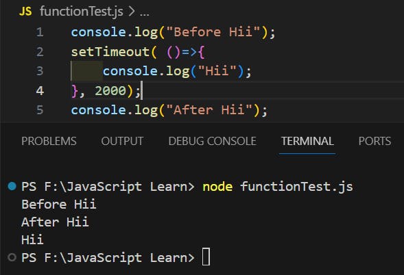 While execution, we know JS is single threaded so at one look it seems that line 1 will be printed then line 3 and lastly line 5 but due to setTimeout line 3 is getting delayed by 2millisecond.