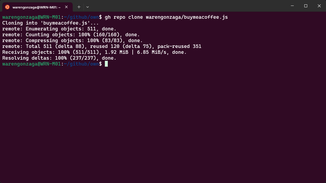 Example of cloning GitHub repository locally using GitHub CLI.