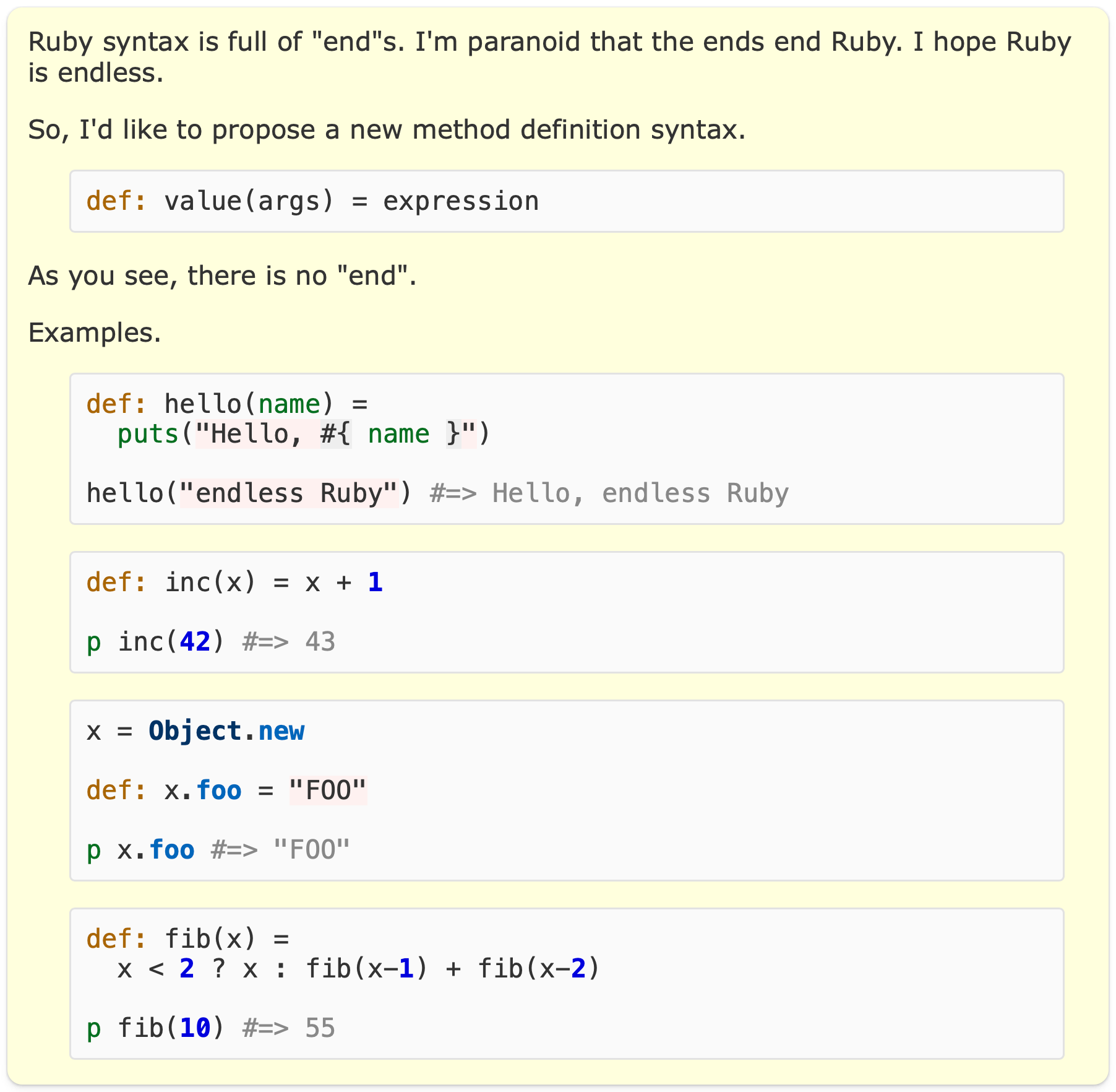 Endless method definition - proposal from Yusuke in Ruby tracker