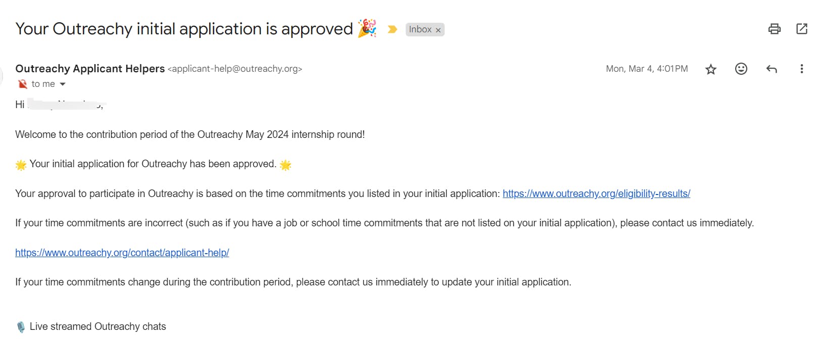 Outreachy initial application approval email
