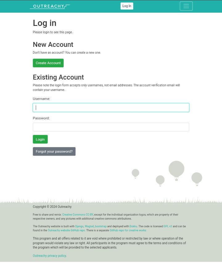 The register and login page of the Outreachy internship. 