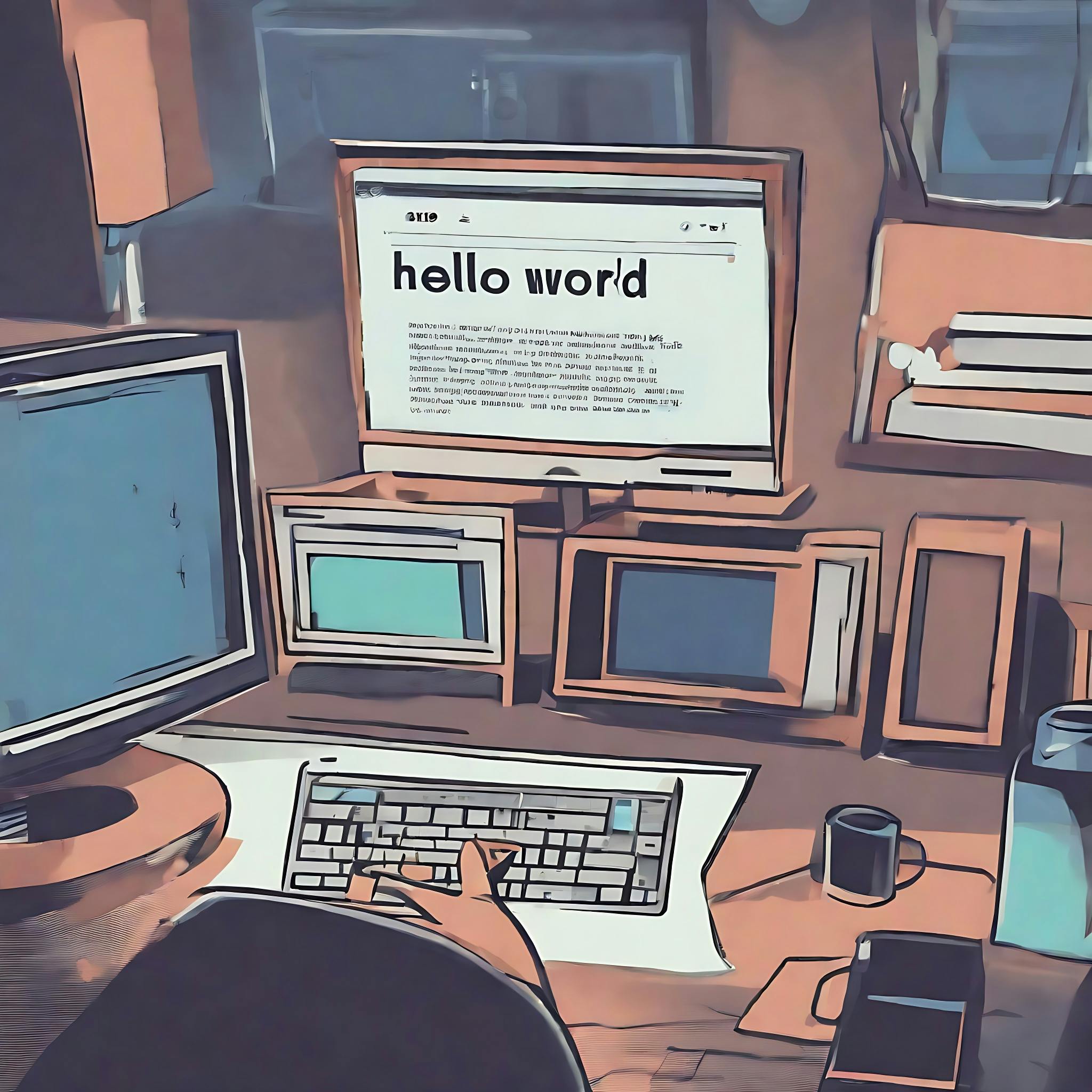 The original cover of this blog post showing some computers, a screen showing "hello world", a keyboard, a cup of coffee, etc.