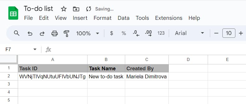 New task added to Google Sheets