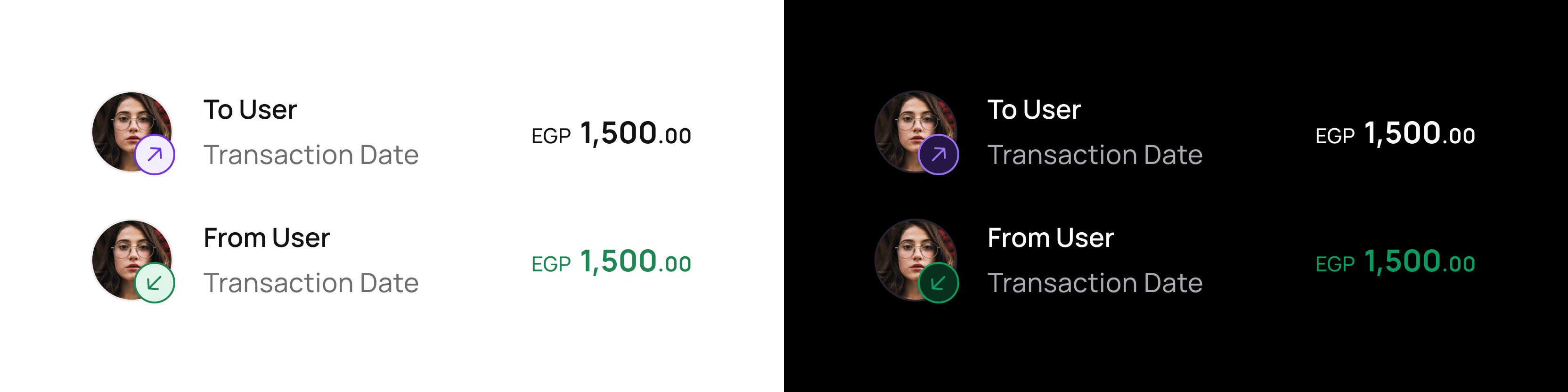 The transaction component using tokens in both light and dark modes.