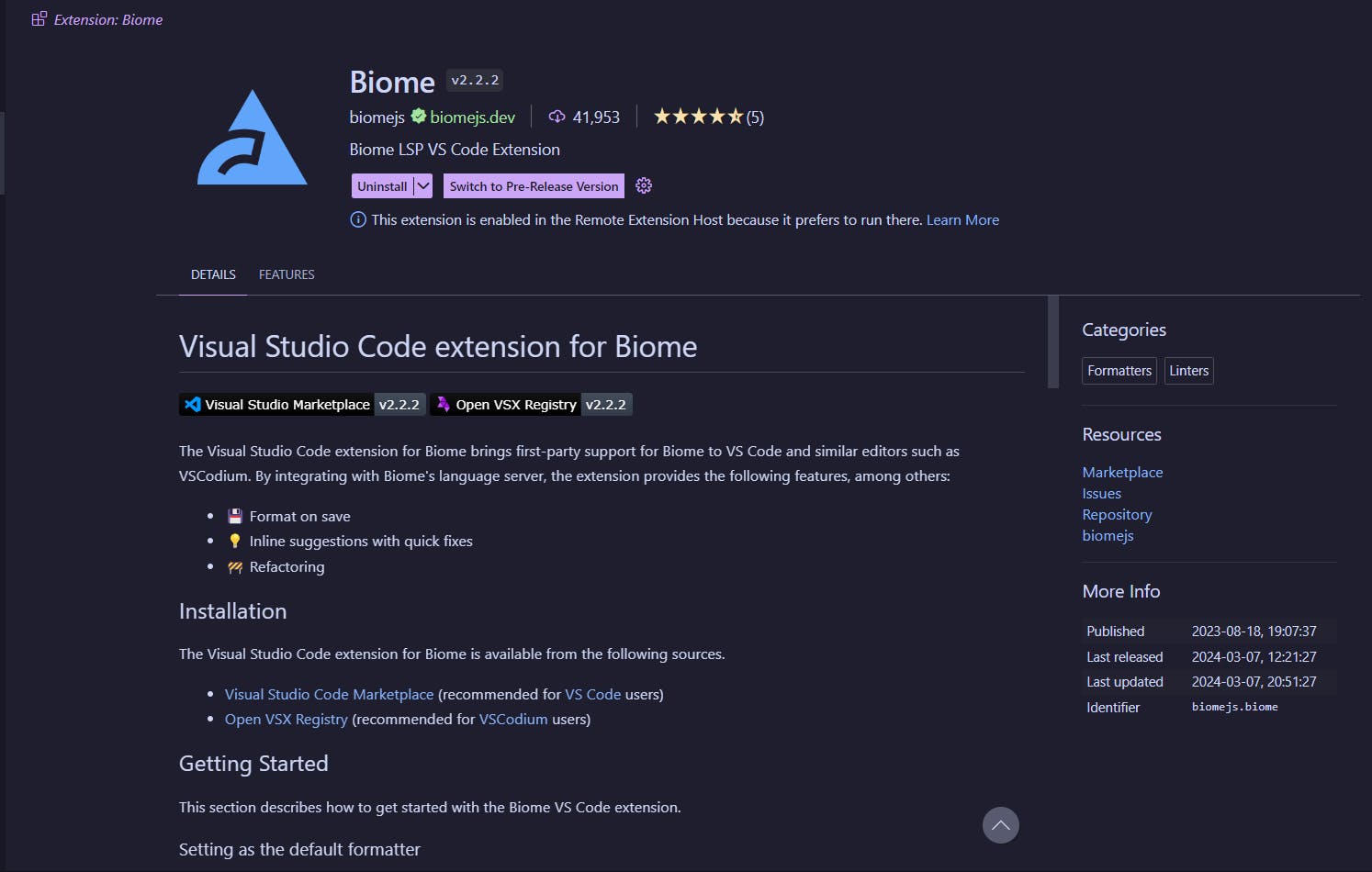 Biome extension on Visual Studio Code