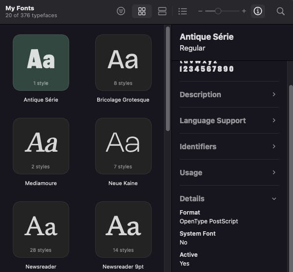 Font Book'a yüklediğim yazı tipinin açıklamalı bilgileri.