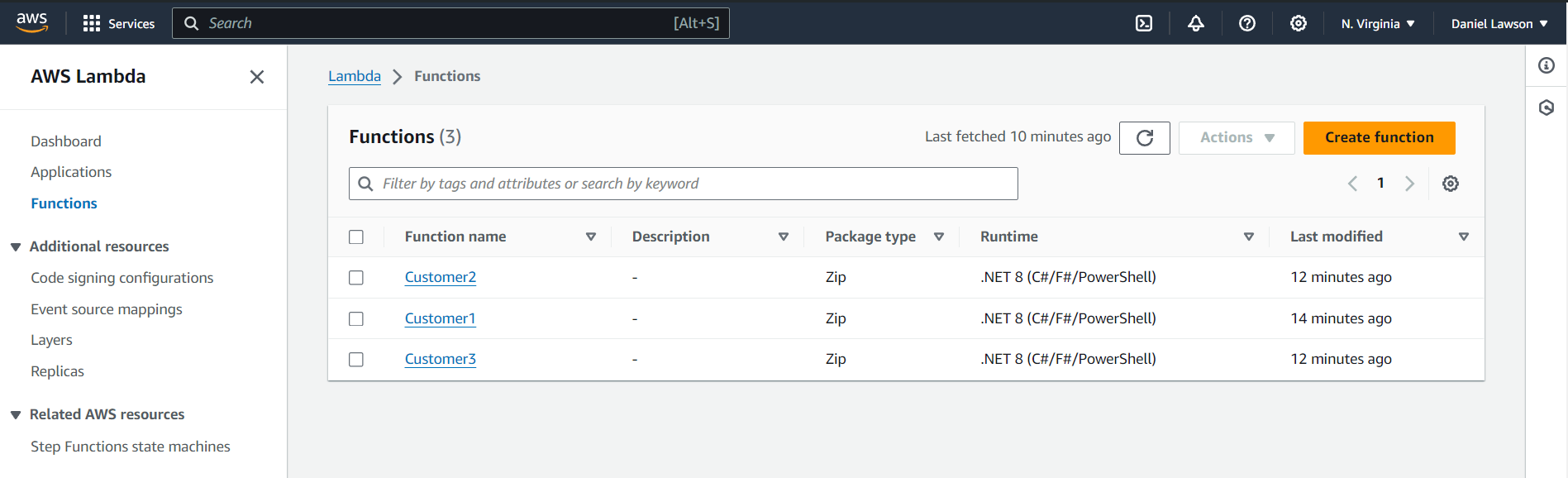 Lambda functions in AWS Console