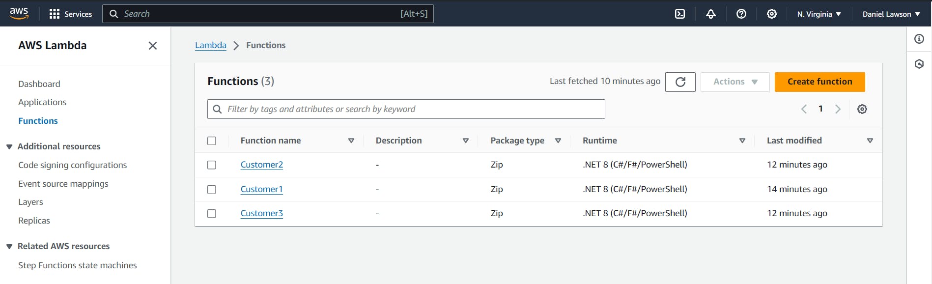 Lambda functions in AWS Console