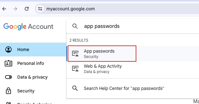 Generate gmail app password