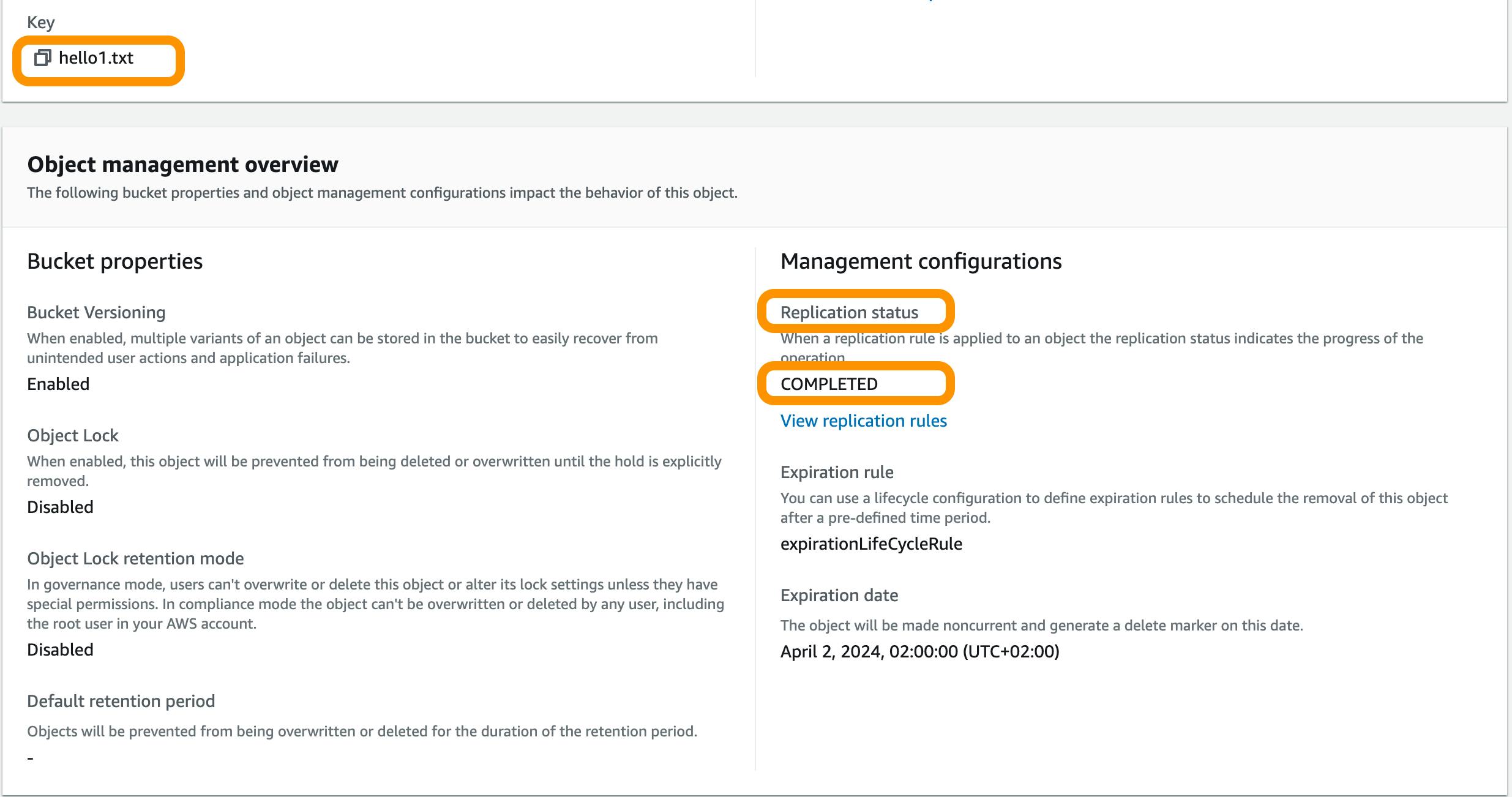 replication status of hello1.txt in source bucket