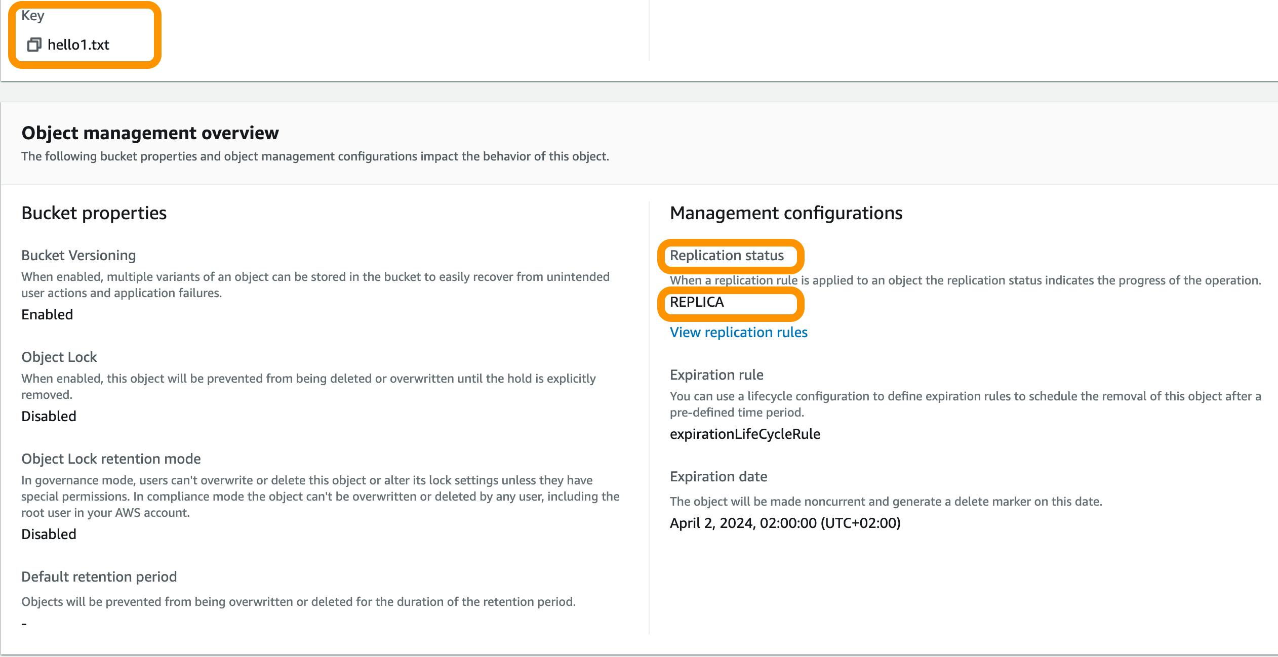 replication status of hello1.txt in target bucket