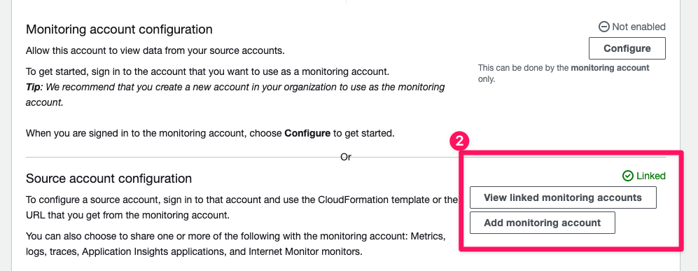 Screenshot of a software interface showing options for monitoring account configuration with a focus on a section labeled "Linked" that includes buttons for "View linked monitoring accounts" and "Add monitoring account."