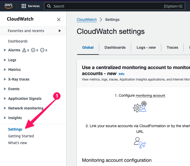 Screenshot of AWS CloudWatch interface highlighting the "Settings" option in the navigation menu.