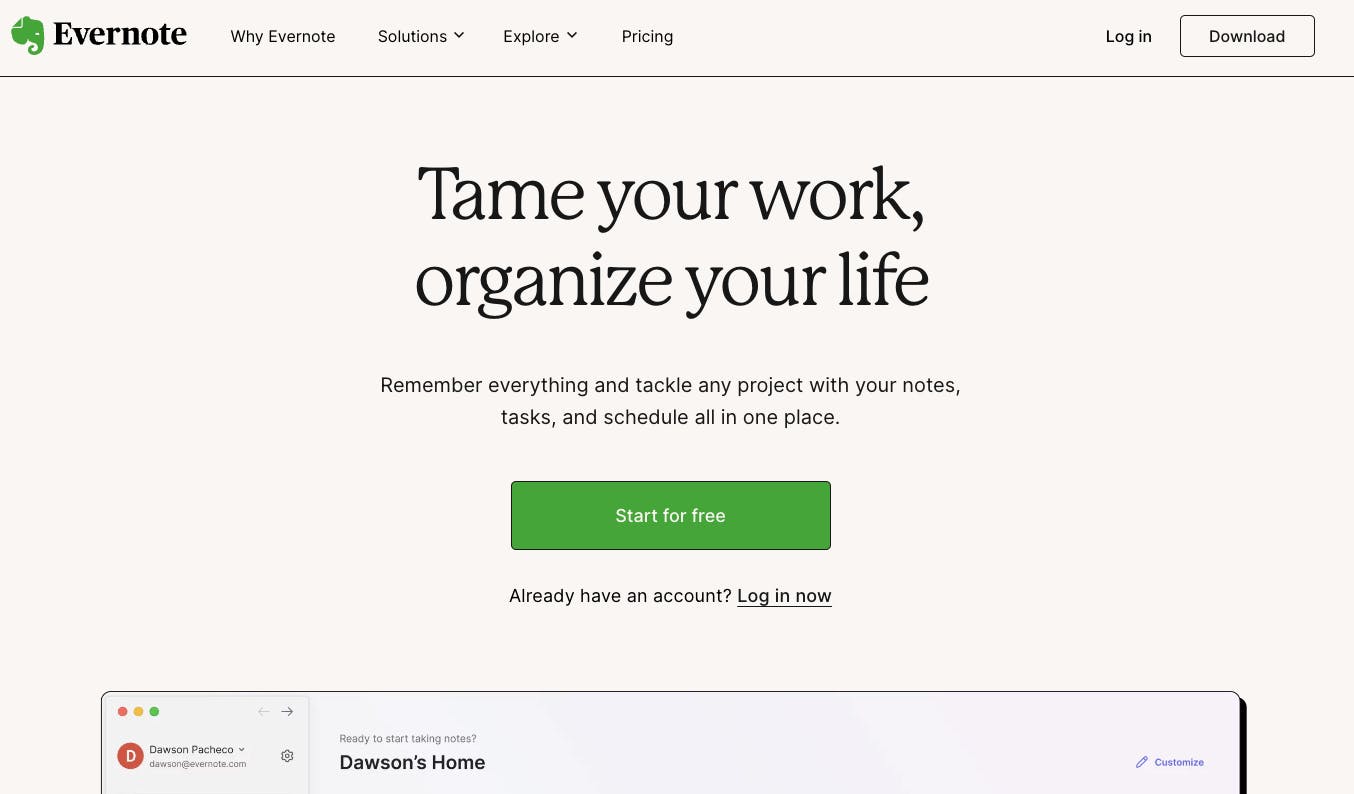 Evernote's landing page, guiding the user to the CTA button