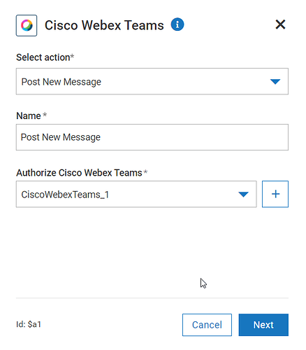 Cisco Webex Teams action configuration