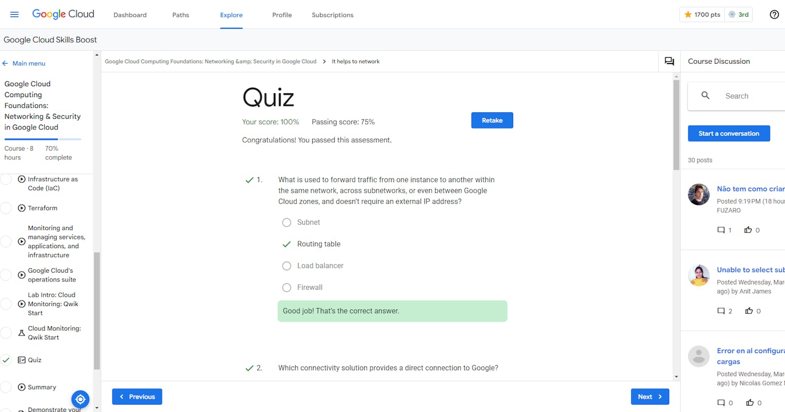 Google Cloud Computing Foundations: Networking & Security in Google Cloud - Quiz