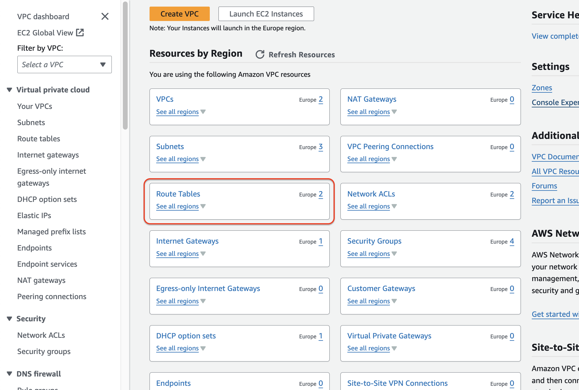 Navigate to the "Route Tables" section within the VPC dashboard.