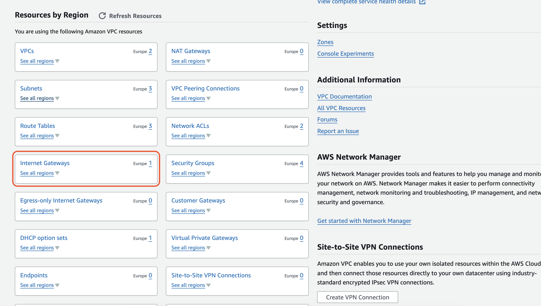 navigate to the "Internet Gateways" section within the VPC dashboard
