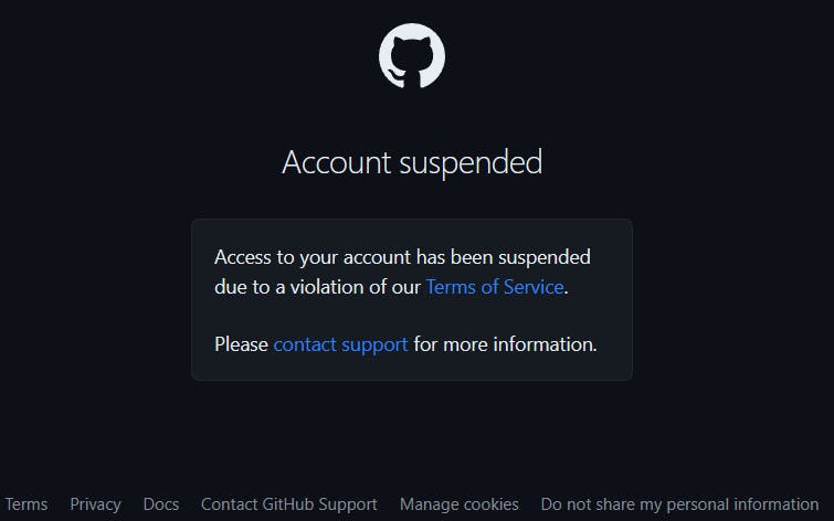 a screen shot of the github account suspended page