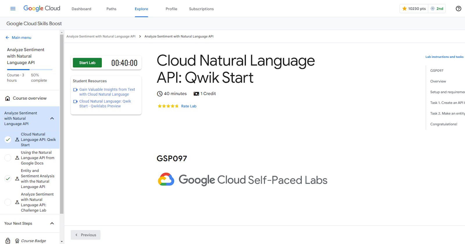Cloud Natural Language API: Qwik Start - GSP097