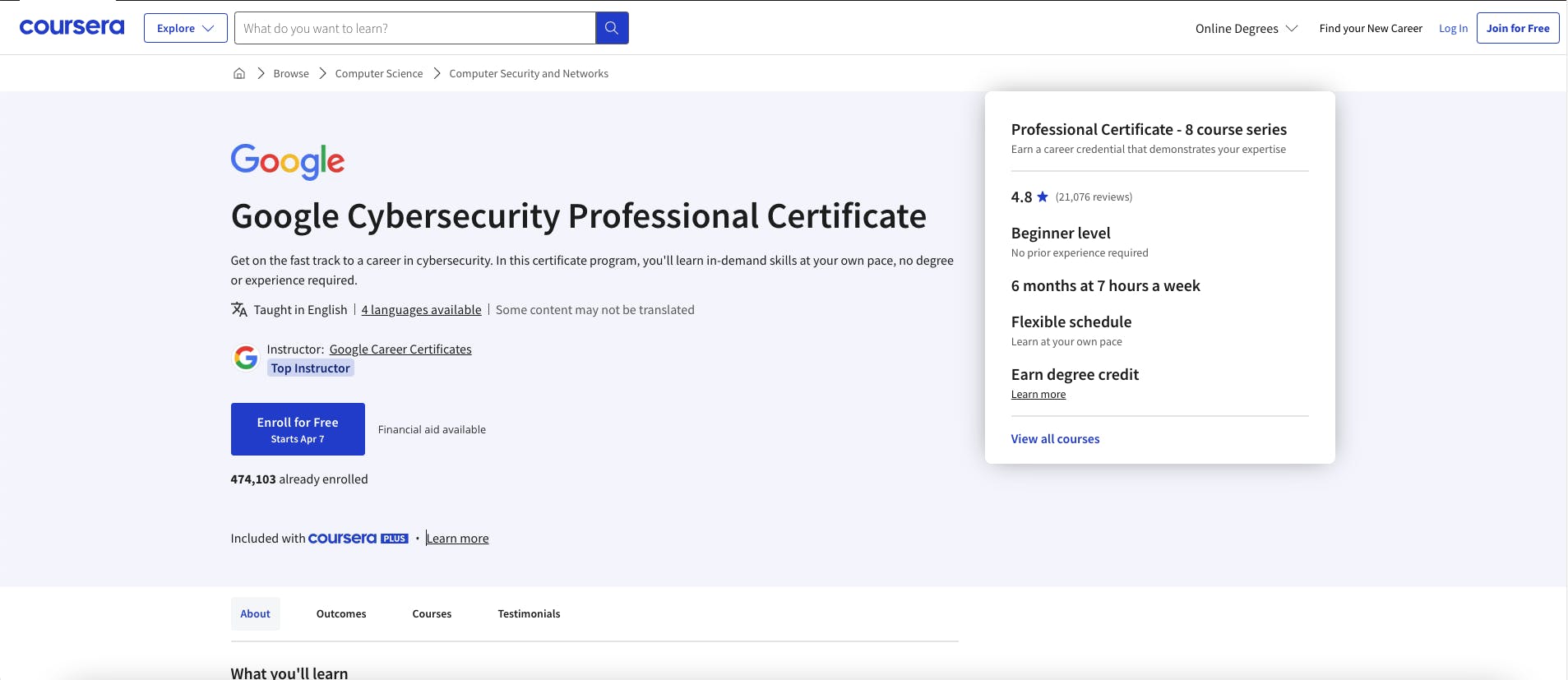 Coursera page for Google Cybersecurity Professional Certificate showing course details and enrollment options