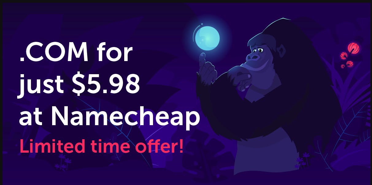 Namecheap .COM Domain Promotion with Illustration of a Gorilla