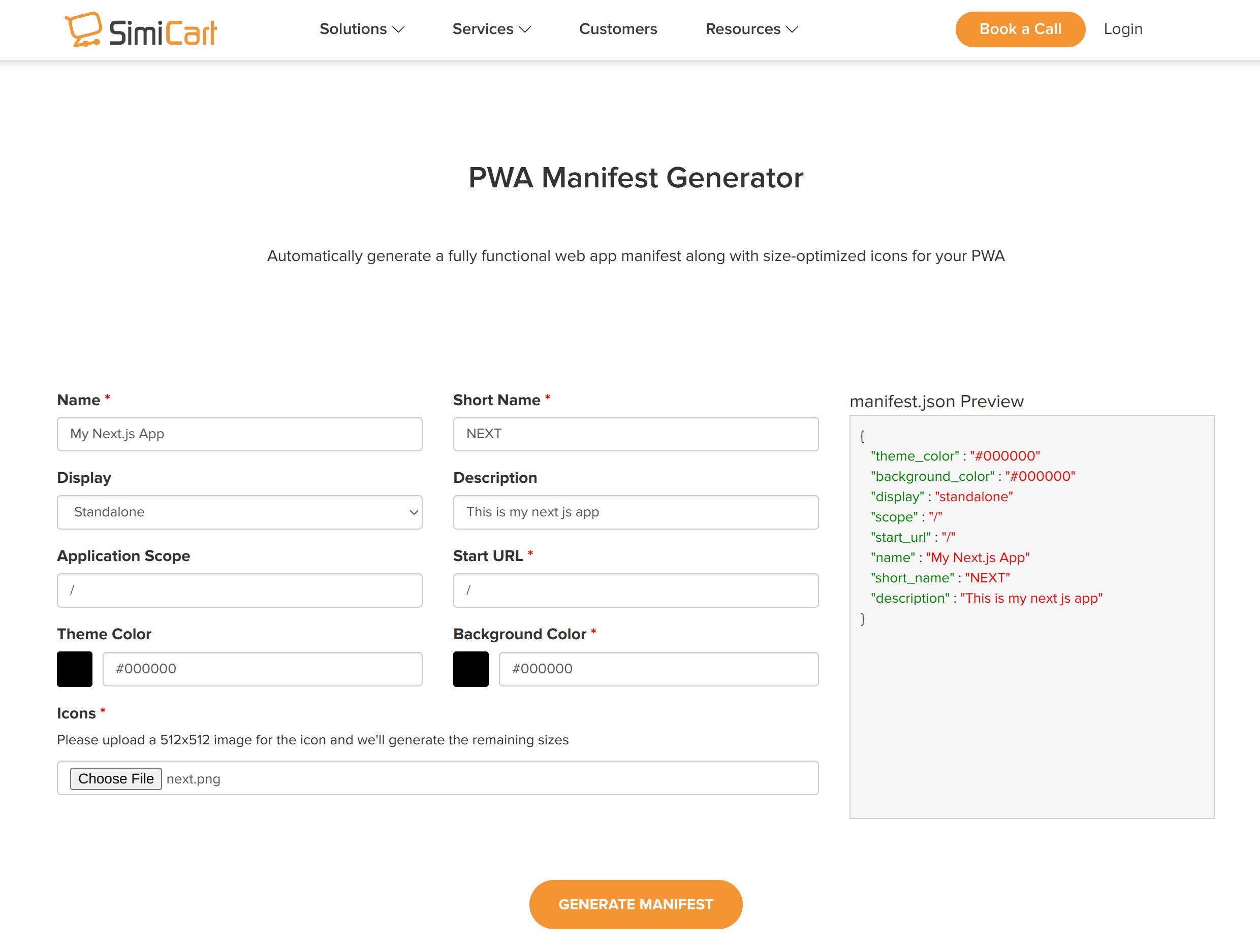 Simi Cart PWA Manifest Generator tool