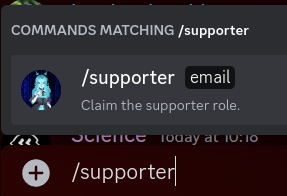 "/supporter" has been entered into the Discord chat box. A list is positioned above the chat box, indicating "Commands Matching /supporter". CamperChan's "/supporter" command is listed and highlighted.