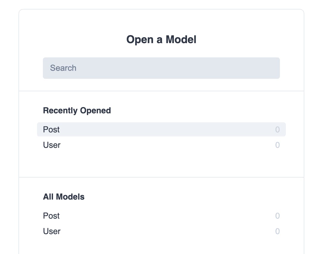 Screenshot showing the "Open a Model" page after running the npx prisma studio command