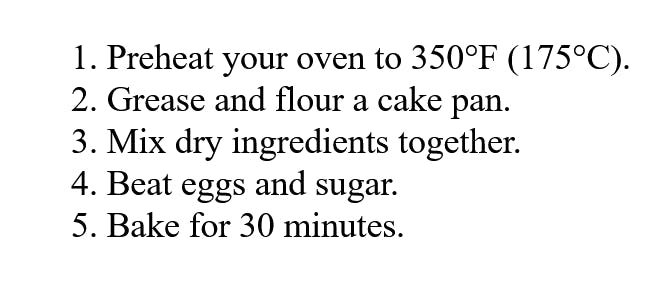 an ordered list for how to bake a cake steps
