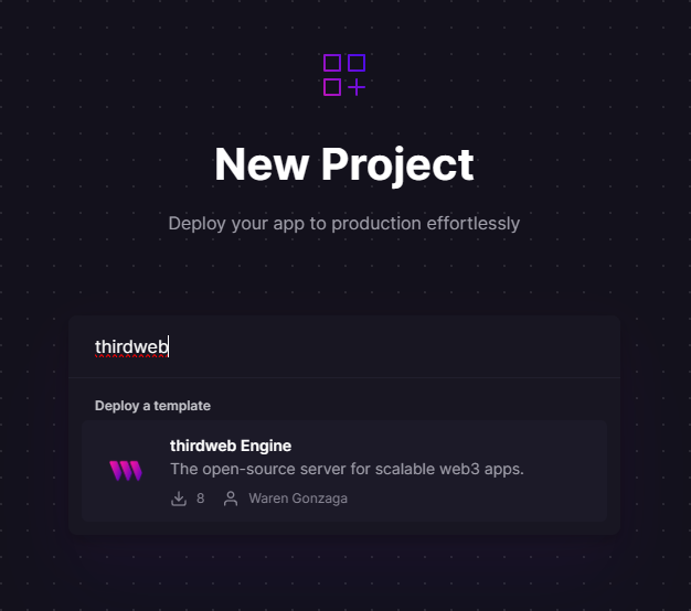 Railway deployment interface displaying a "New Project" screen with an option to deploy a web3 app using the "thirdweb Engine," described as an open-source server for scalable web3 apps. The background is dark with a subtle starry pattern.