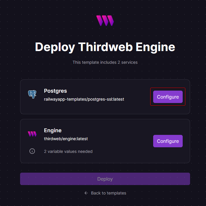 A screenshot of Railway deployment interface titled "Deploy Thirdweb Engine," featuring options to configure Postgres and Engine services, set against a dark background with a starry pattern.