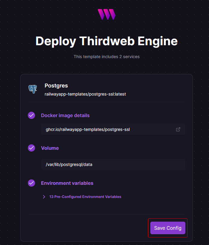 Screenshot of Railway deployment interface titled "Deploy Thirdweb Engine," showing configuration options for a Postgres service including Docker image details, volume, and environment variables with a "Save Config" button at the bottom.