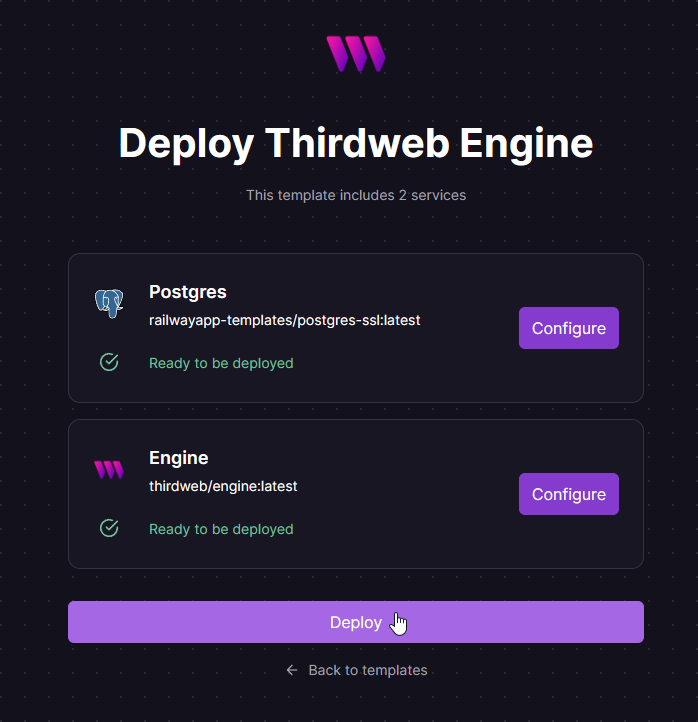 Screenshot of Railway deployment interface for "Thirdweb Engine" with options to configure and deploy services including "Postgres" and "Engine," both marked as "Ready to be deployed." The background is dark with a subtle star pattern.