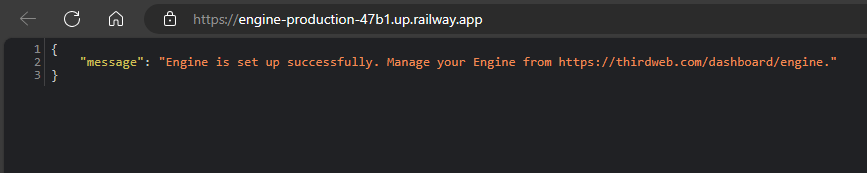 A screenshot of a Railway interface showing a JSON response message stating "Engine is set up successfully. Manage your Engine from https://thirdweb.com/dashboard/engine." in a web browser.