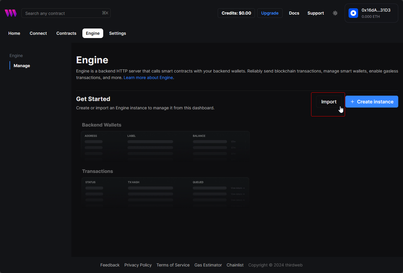 A screenshot of a thirdweb user interface for a blockchain-related service called "Engine," featuring navigation tabs, account information, and sections for managing backend wallets and transactions. The interface includes options to import or create an instance of an Engine.