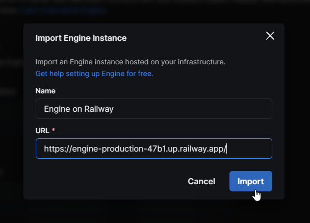 A screenshot of thirdweb interface for importing an engine instance, featuring fields for name and URL, and buttons for "Cancel" and "Import".