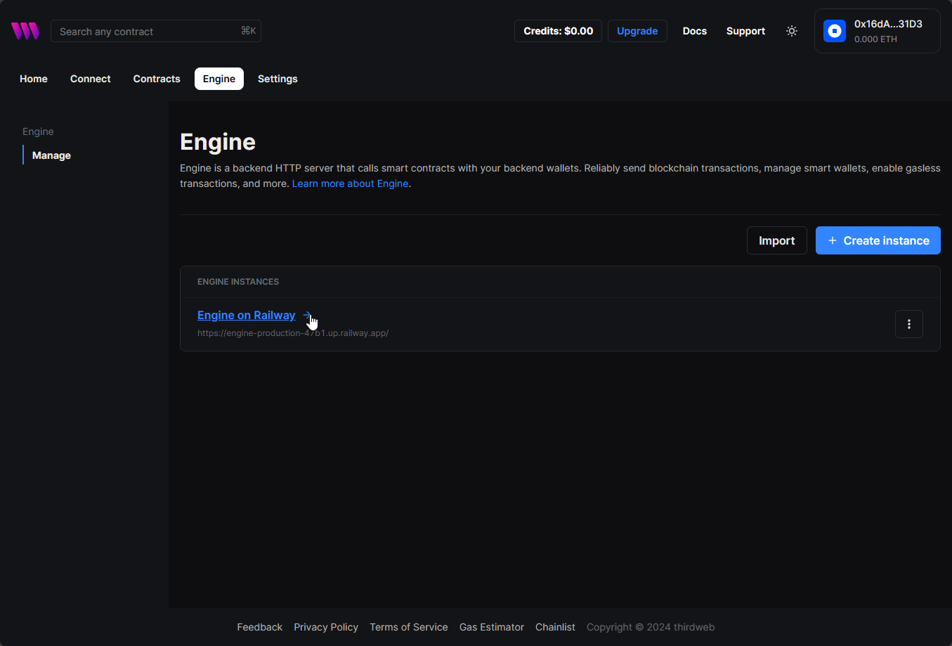 Screenshot of thirdweb web interface titled "Engine," describing it as an HTTP server for smart contracts, with options to manage instances and a link to an instance named "Engine on Railway."
