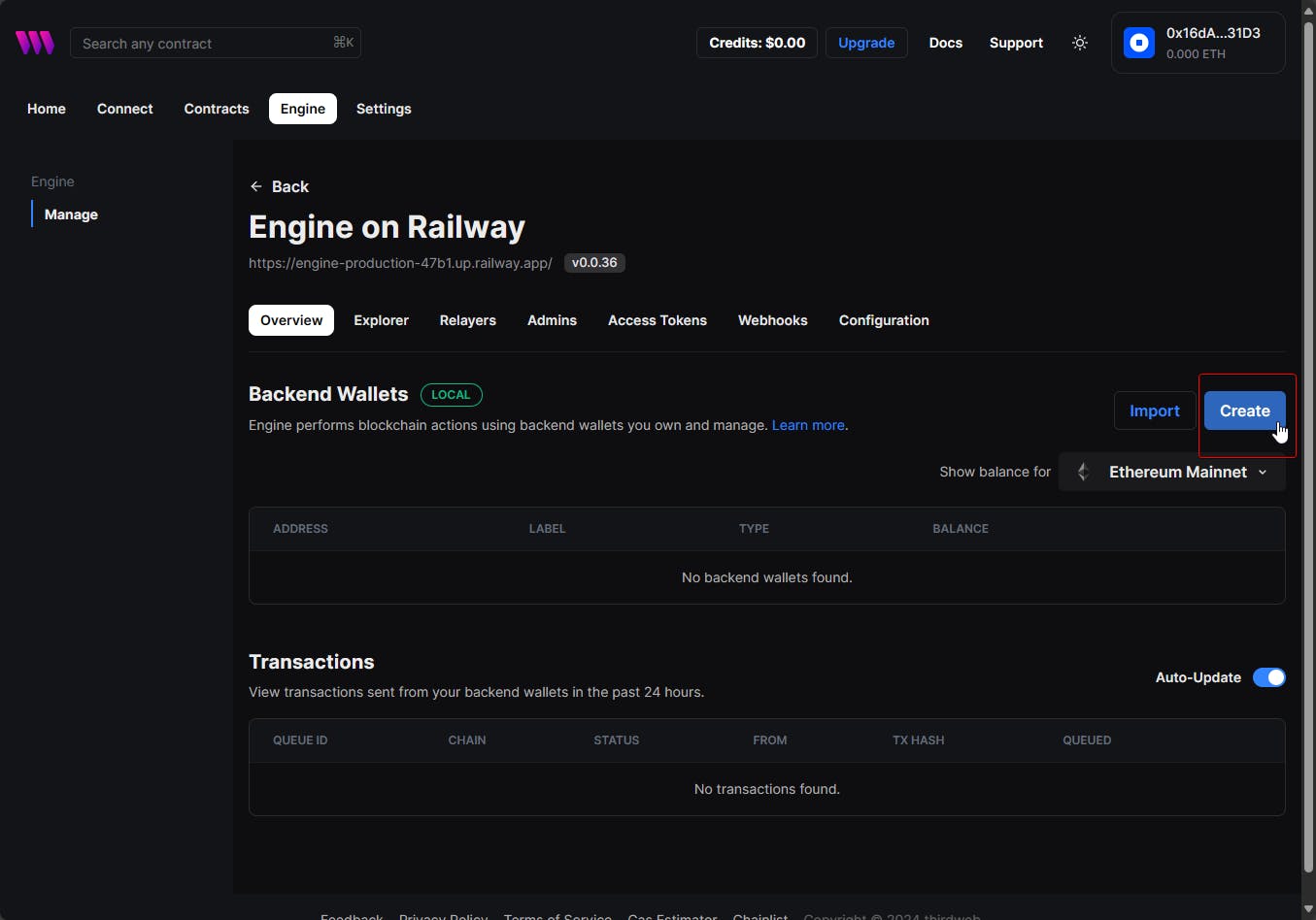 Screenshot of thirdweb user interface for "Engine on Railway" showing sections for backend wallets and transactions with no data found, and tabs for Overview, Explorer, Relayers, Admins, Access Tokens, Webhooks, and Configuration.