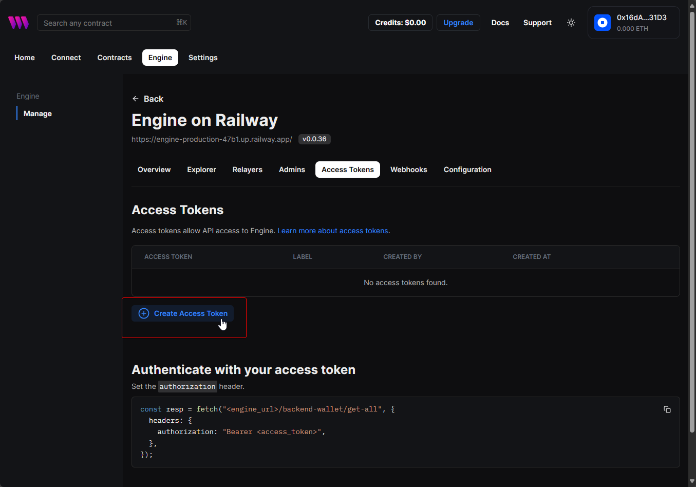 Screenshot of thirdweb web interface for "Engine on Railway" showing a section for creating and managing API access tokens, with a button highlighted for creating a new access token.