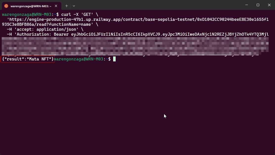A screenshot of a terminal window displaying a command line interface where a curl command is executed to fetch data from an API, with the output showing JSON formatted response containing the result "Mata NFT".