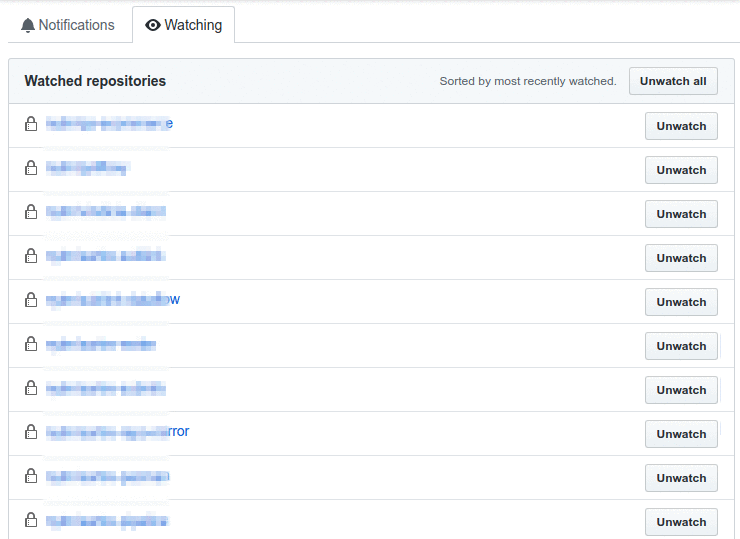 animated GIF of watched GitHub repositories being unwatched.