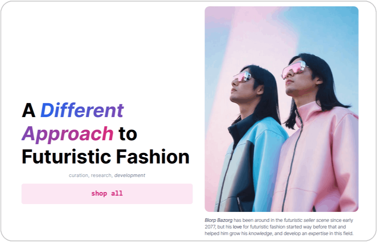 Screenshot of a mockup one-page website for futuristic fashion