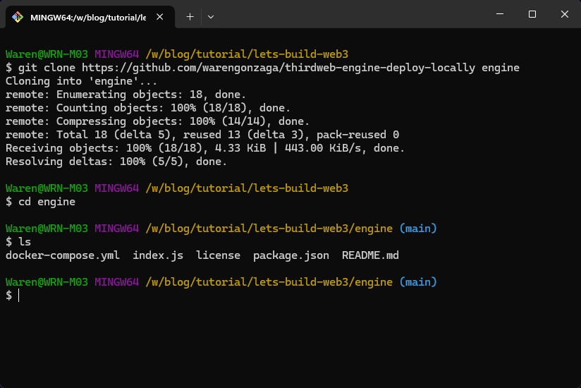 A screenshot of a command line interface where a user clones a GitHub repository named "thirdweb-engine-deploy-locally" into a local directory, lists files in a directory, and navigates between directories.