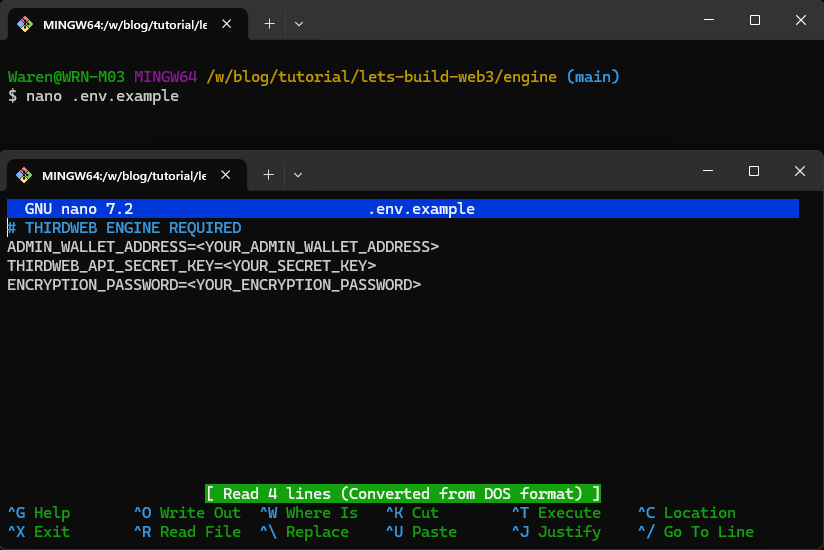 A screenshot of a computer terminal showing the GNU nano text editor open with a file named ".env.example" containing environment variable settings for thirdweb engine.