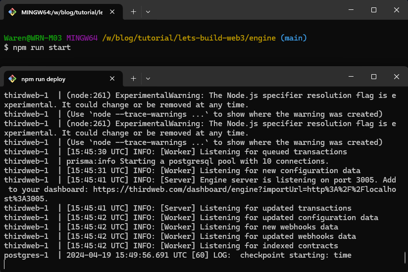 A screenshot of a computer terminal displaying logs and warnings from a Node.js application, including messages about starting a PostgreSQL connection and listening on port 3005.
