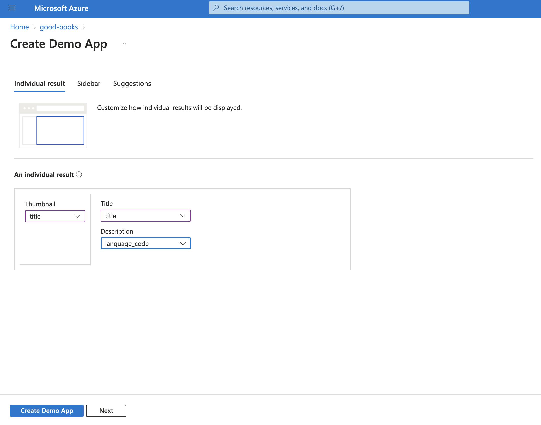 Screenshot of a Microsoft Azure interface for creating a demo app, showing options to customize individual search results with fields for thumbnail, title, and description.