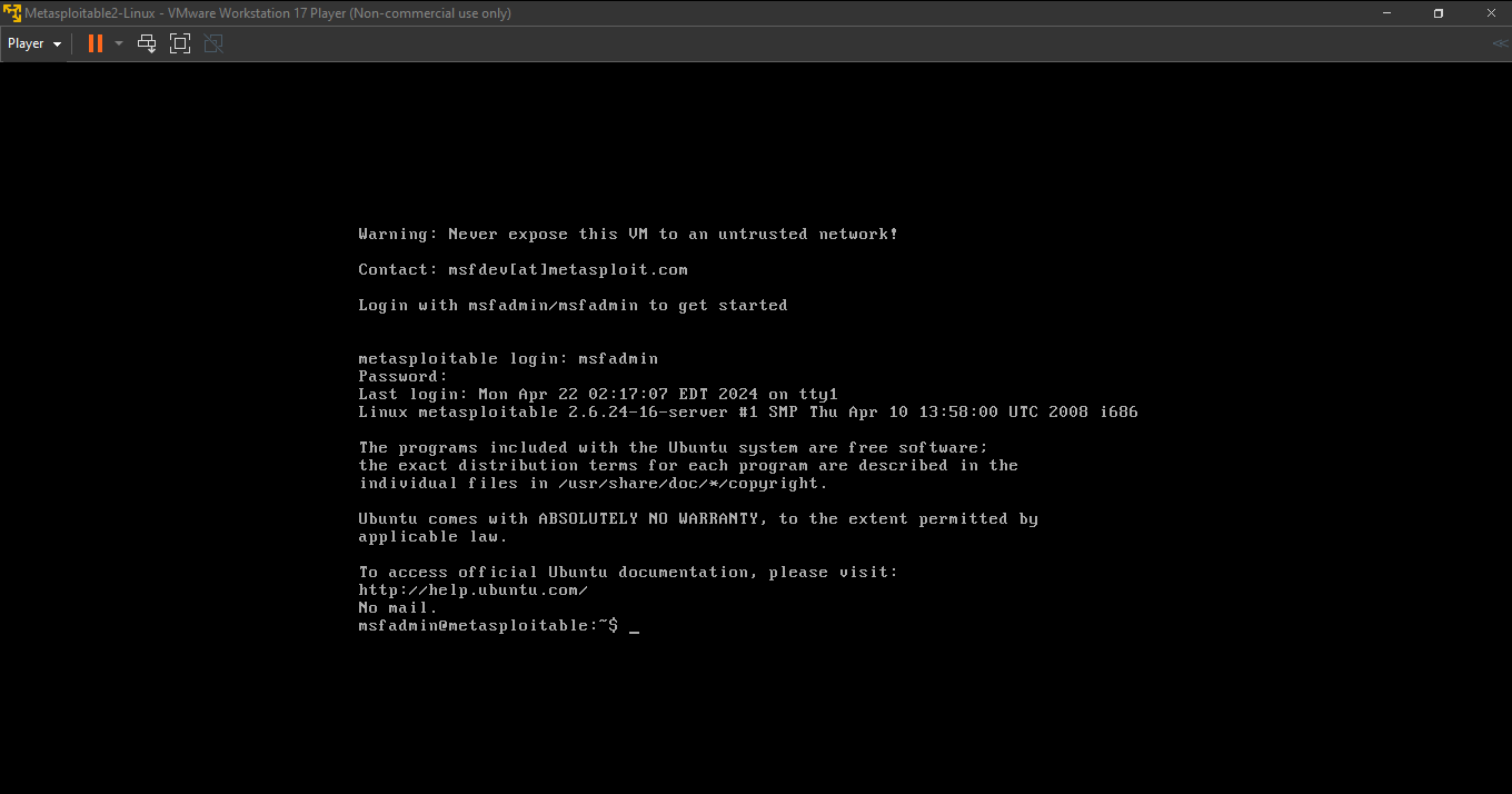 the metasploitable VM is running successfully on VMWare