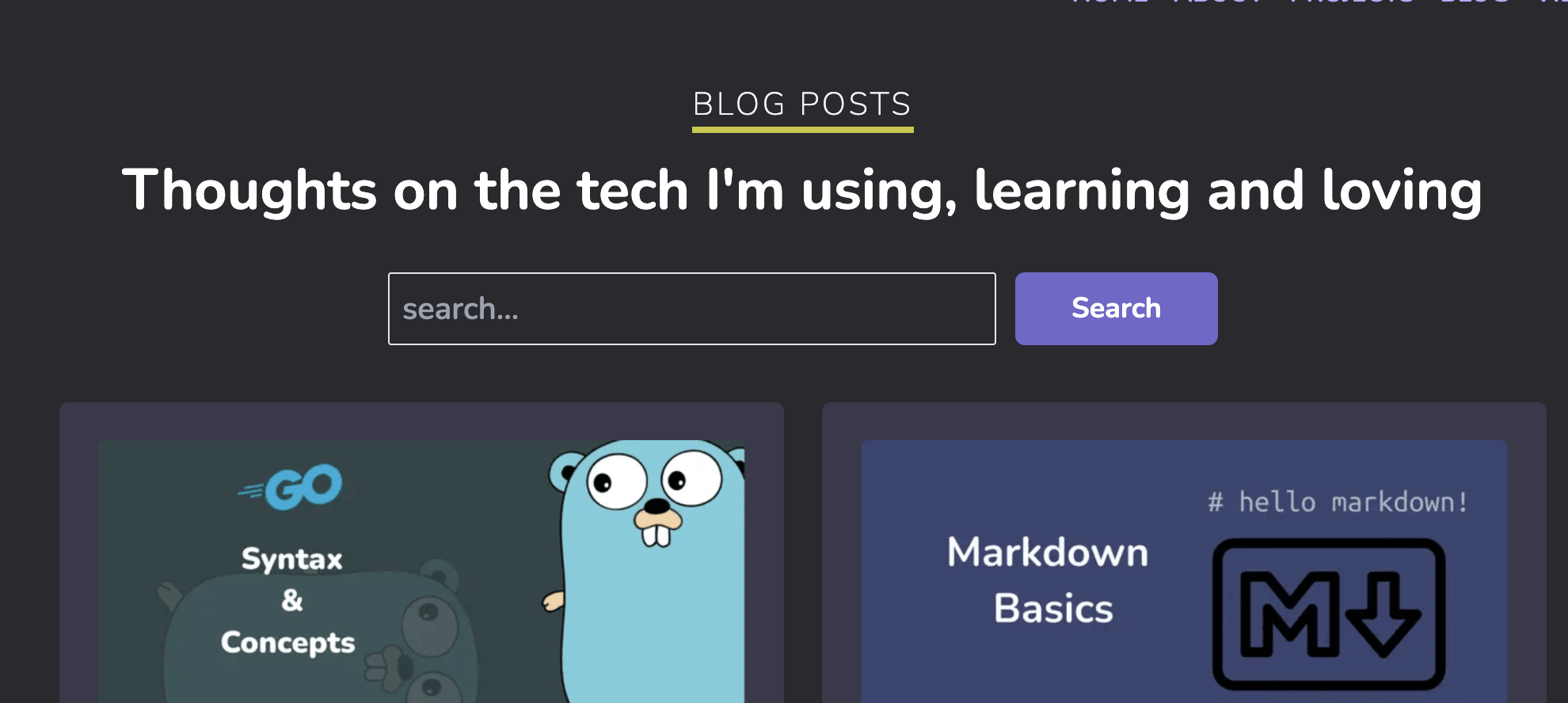 A screenshot showing a small text "Blog posts" and a heading about the blog. And a search bar with a button